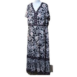 Lane Bryant Women's 24 Tiered Maxi Dress Blue White Floral Flutter Sleeve V-neck